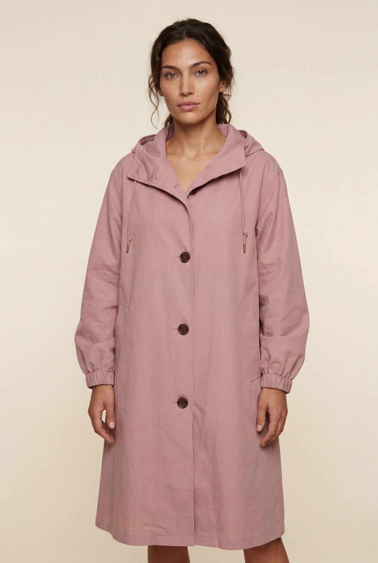 Pink Hooded Snap Button Long Parka Coat with Adjustable Waist - Long coat - Photo 44