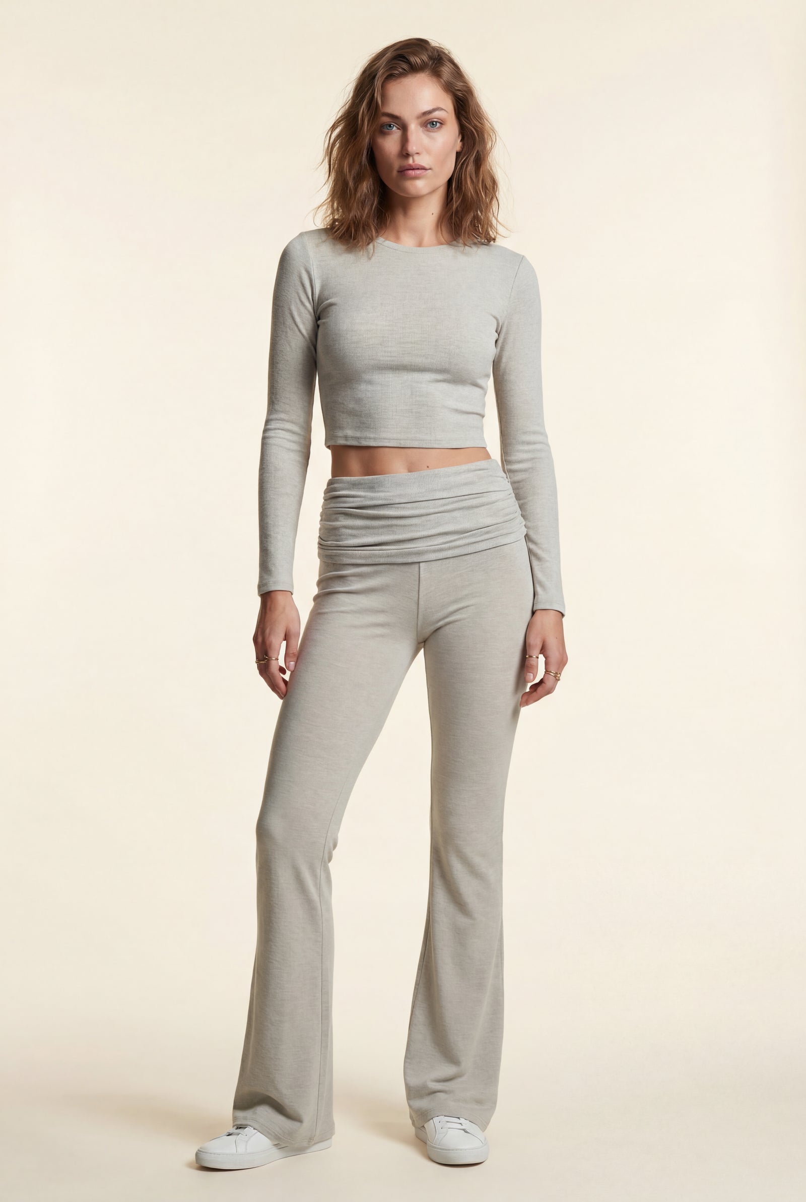 Light Gray Light Gray Ribbed Crop Top and Flared Pants Set - Two-piece set - Photo 1