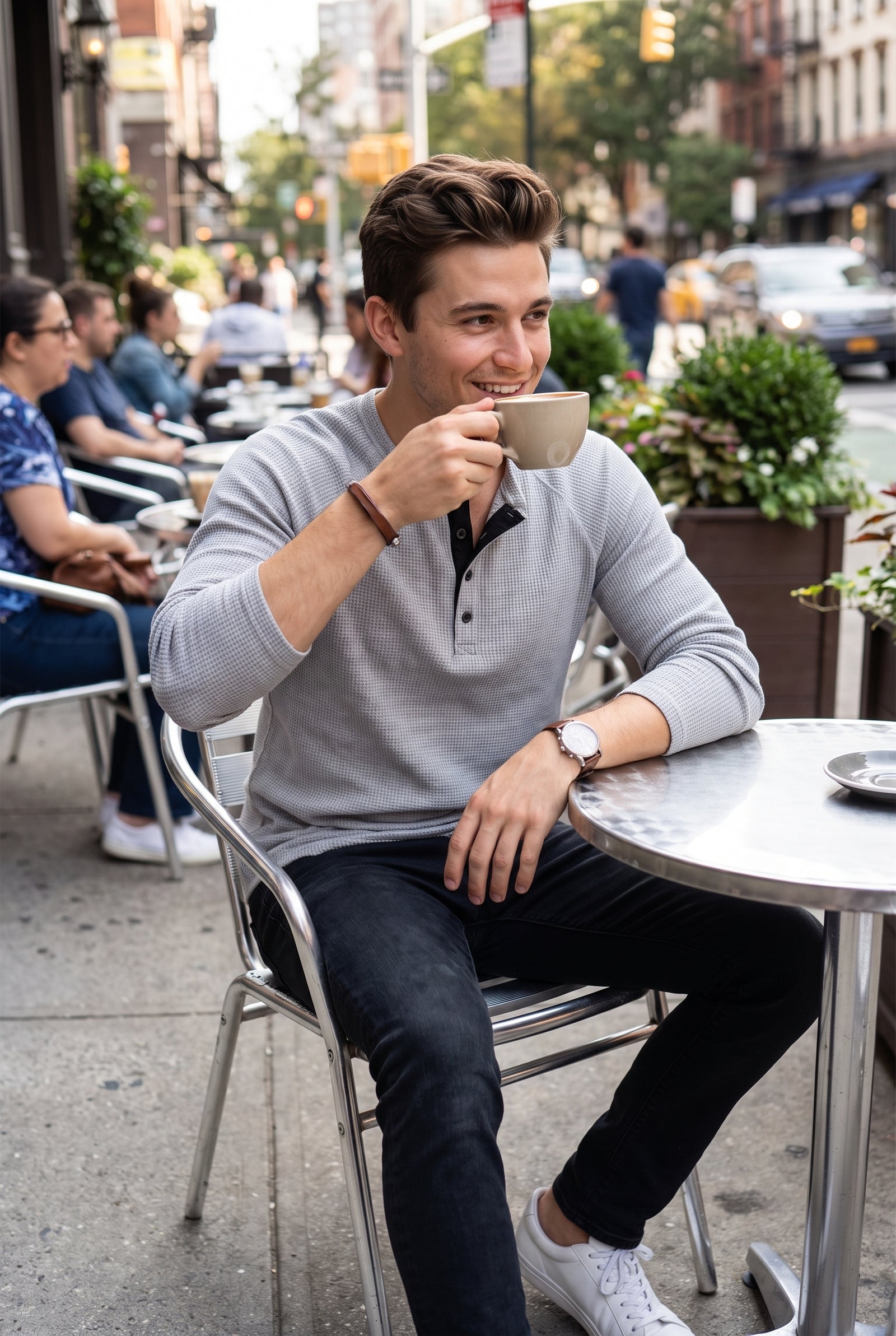 Men's Henley Shirt Long Sleeve Button Placket in Light Gray — lifestyle cafe