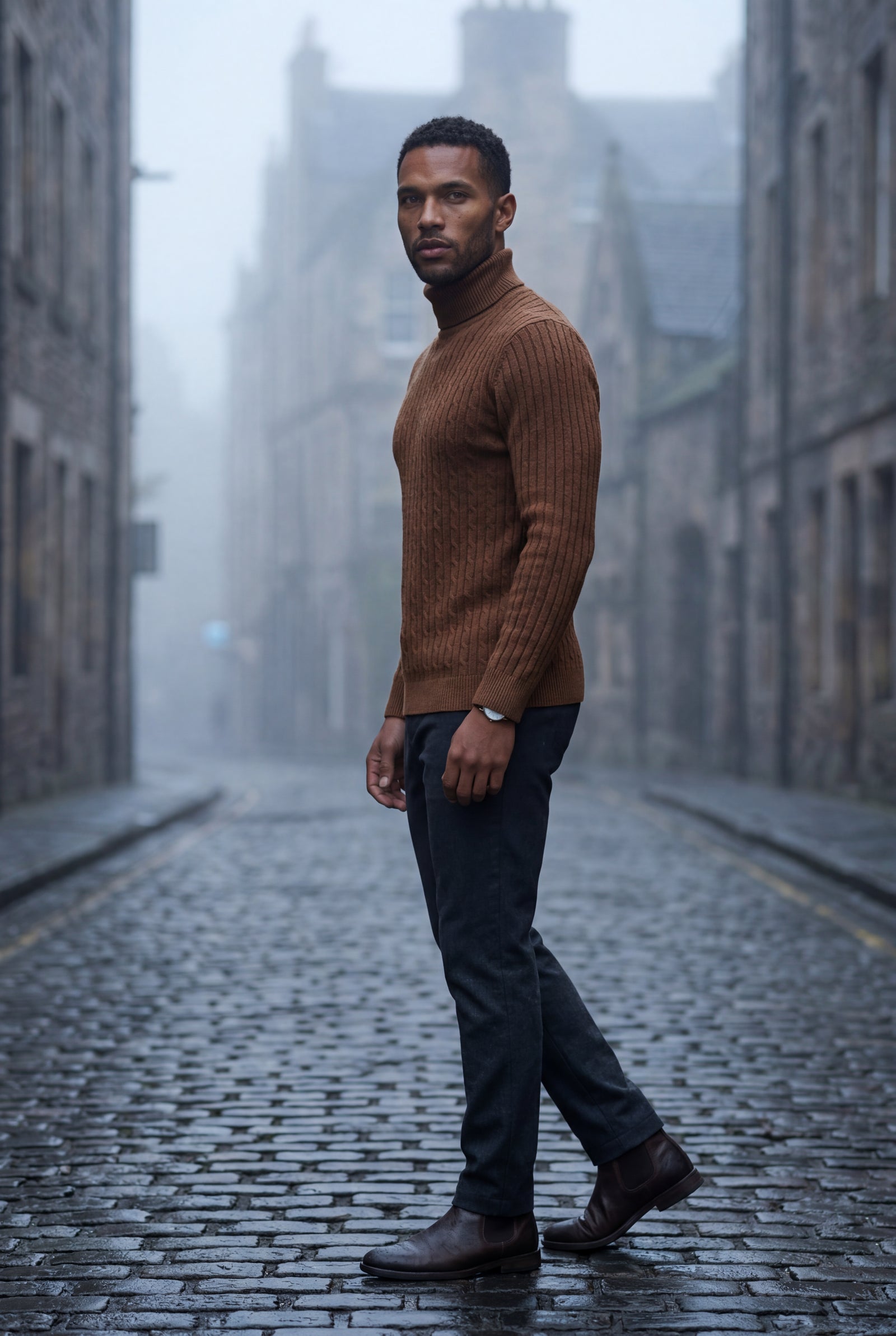 Brown Men's Cable Turtleneck Slim Fit Sweater - Turtleneck sweater - Photo 12