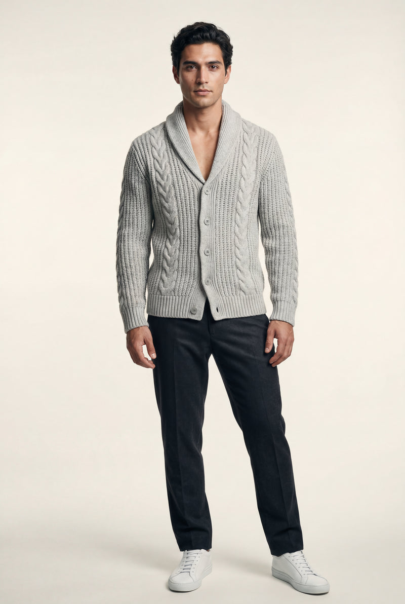 Light Gray Men's Chunky Cable Shawl Collar Cardigan - Photo 4