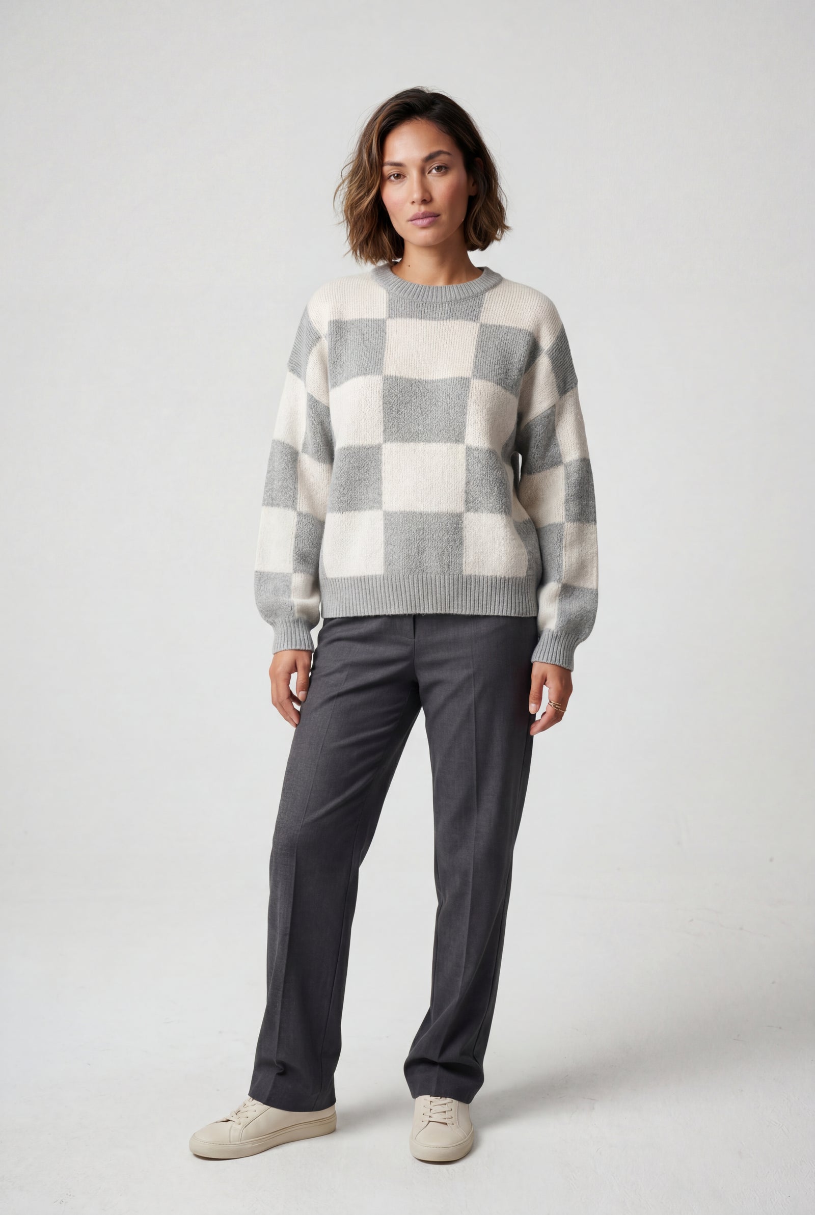 Light Gray Oversized Checkered Crewneck Chunky Sweater - Oversized sweater - Photo 12