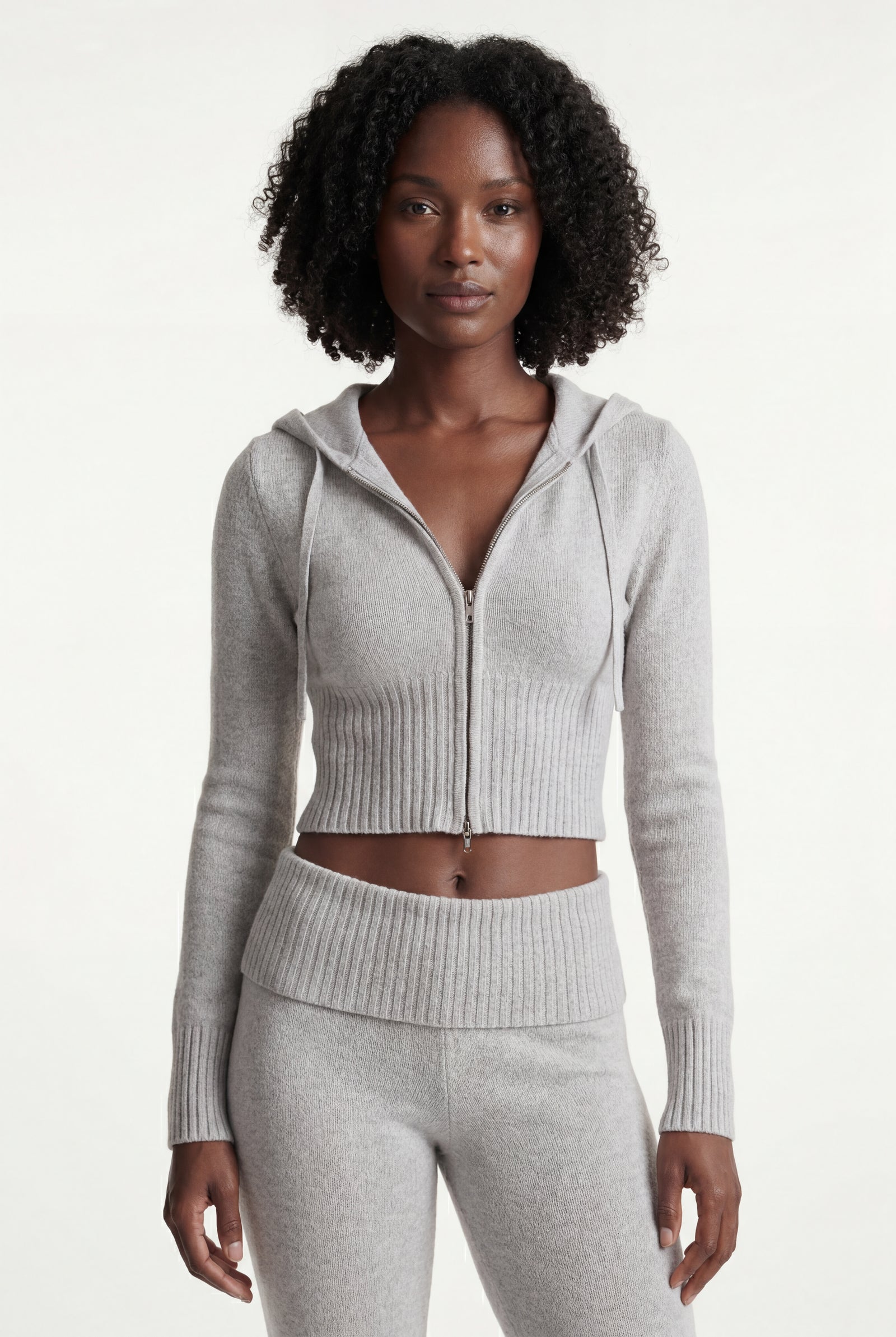 Light Gray Ribbed Cropped Hoodie and Flared Pants Lounge Set - Cardigan and pants - Photo 2
