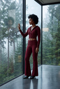Wine Red Ribbed Cropped Hoodie and Flared Pants Lounge Set - Cardigan and pants - Photo 22