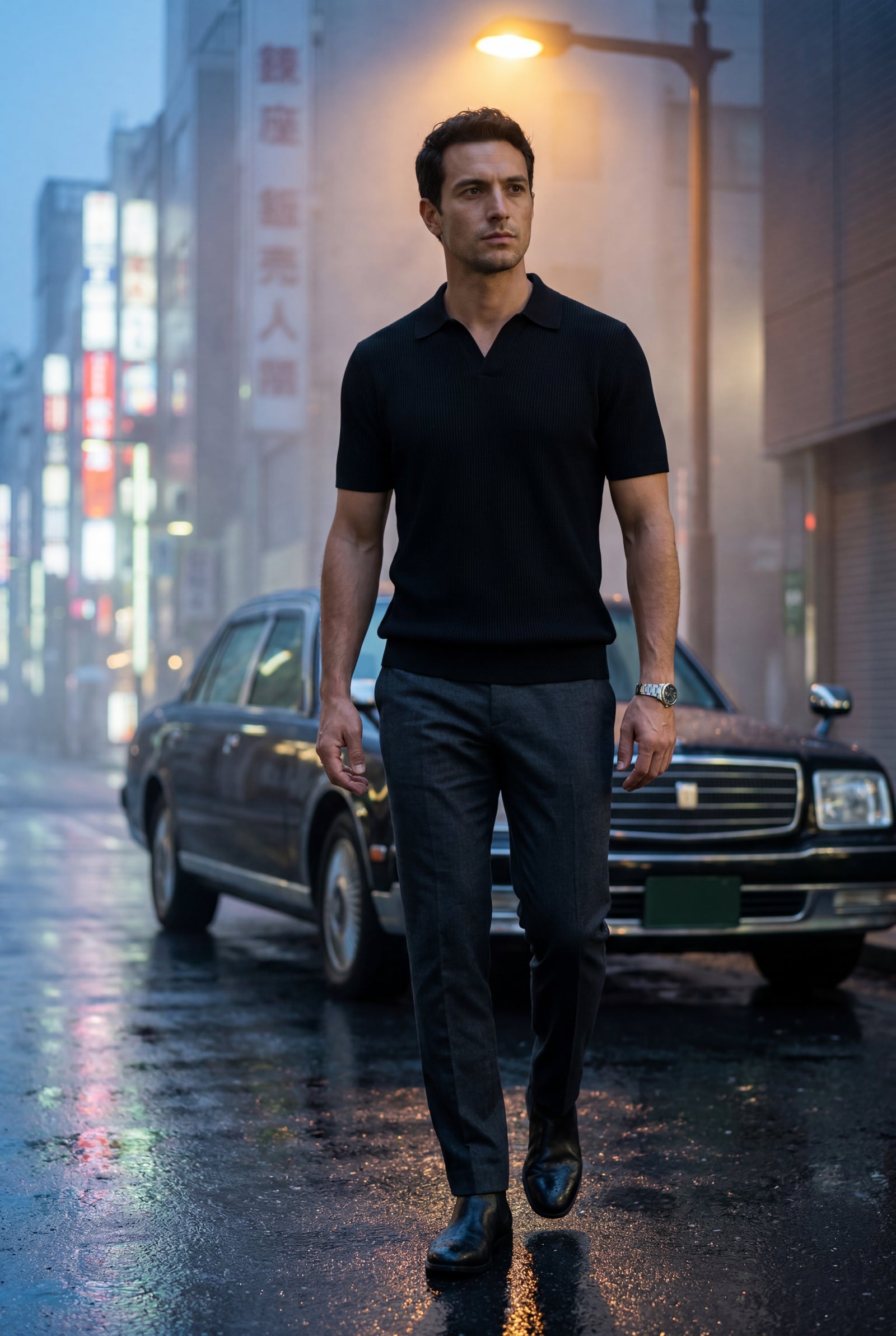 Black Ribbed Open Collar Tailored Polo Shirt - Polo shirts - Photo 10