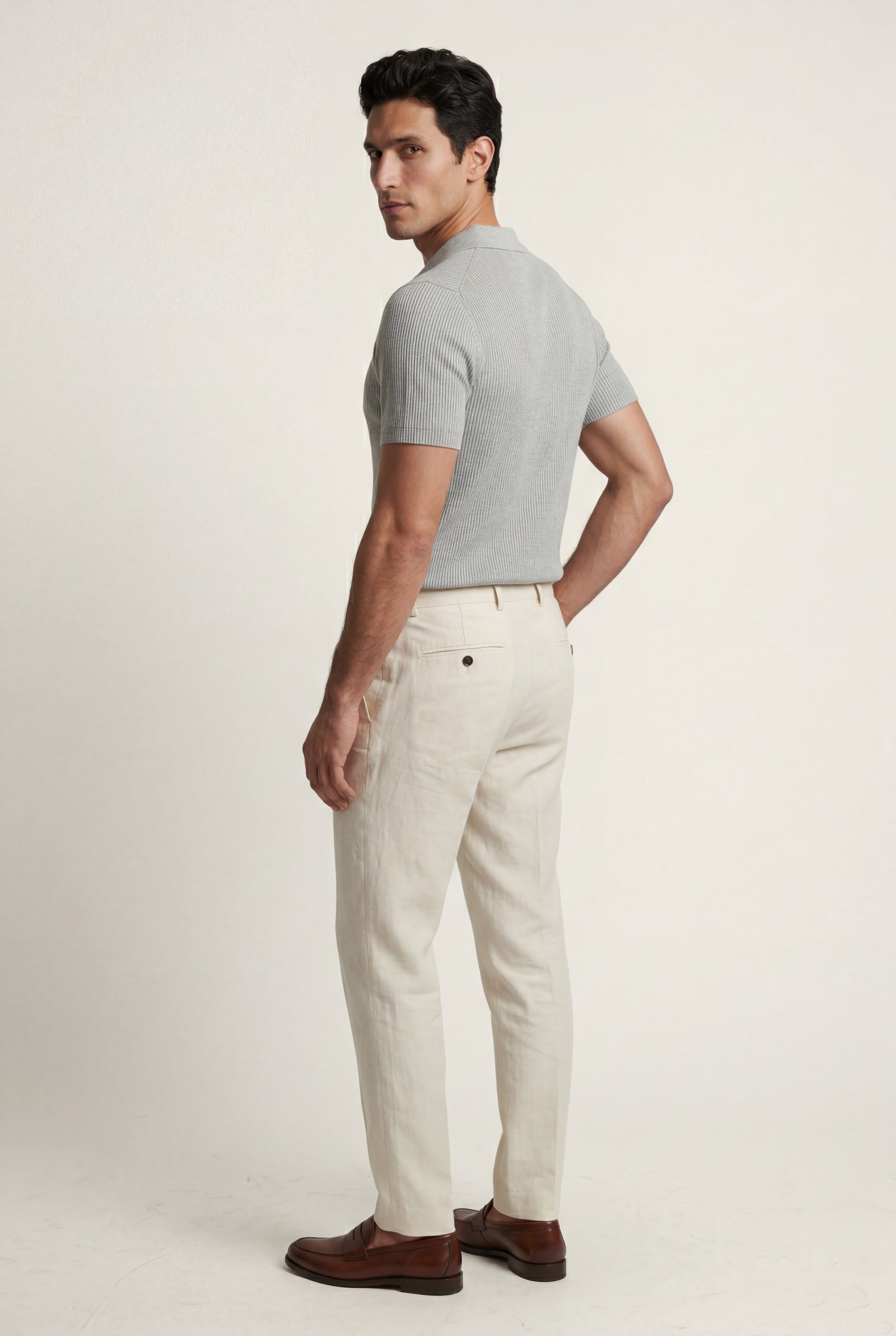 Light Gray Ribbed Open Collar Tailored Polo Shirt - Polo shirts - Photo 2