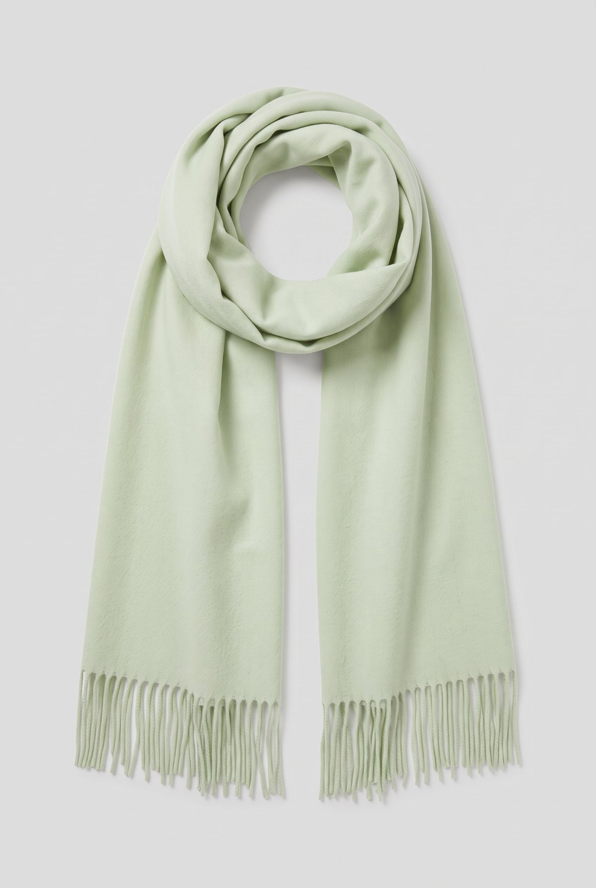 Cashmere Fringed Scarf in Light Green — studio front