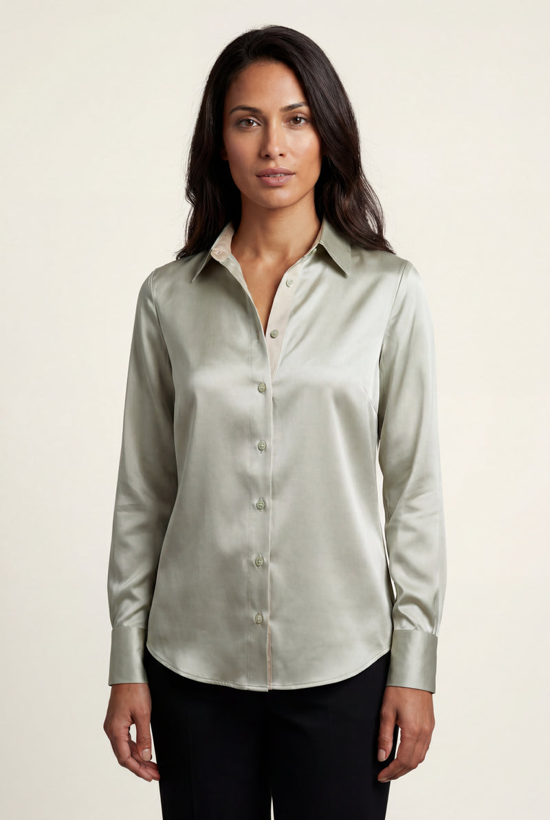 Light Green Relaxed Fit Button-up Blouse with Pointed Collar - Blouses - Photo 1
