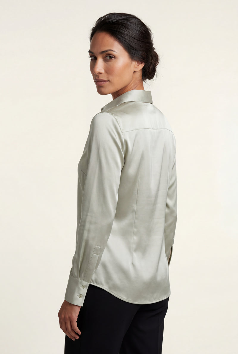 Light Green Relaxed Fit Button-up Blouse with Pointed Collar - Blouses - Photo 3
