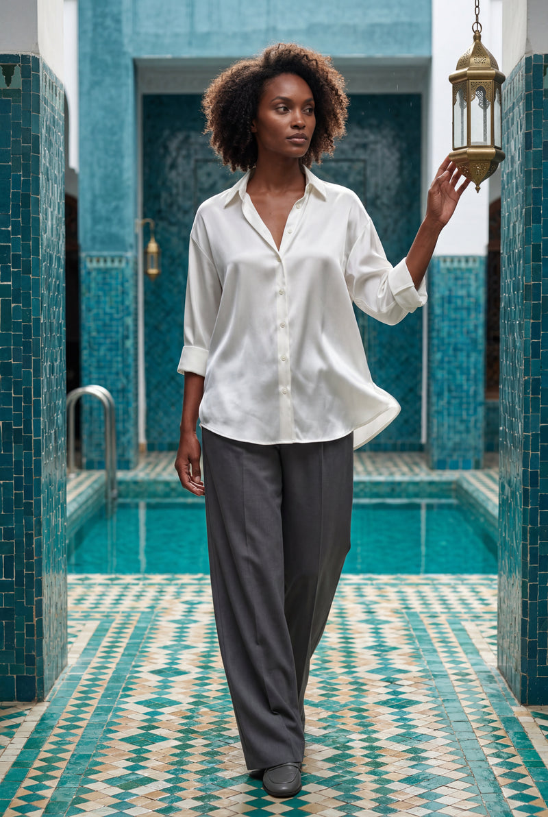 White Relaxed Fit Button-up Blouse with Pointed Collar - Blouses - Photo 4