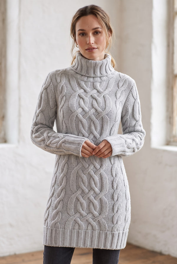 Cable-Knit Turtleneck Dress in Light Grey — Stilenza main image