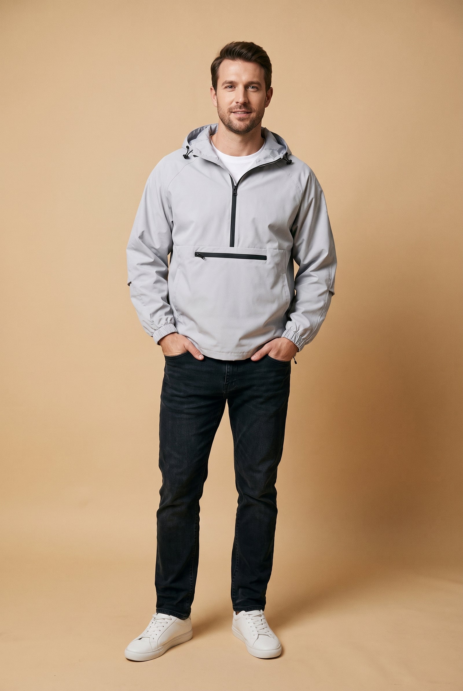 Men's Rain Jacket Hooded Waterproof in Light Grey — primary studio