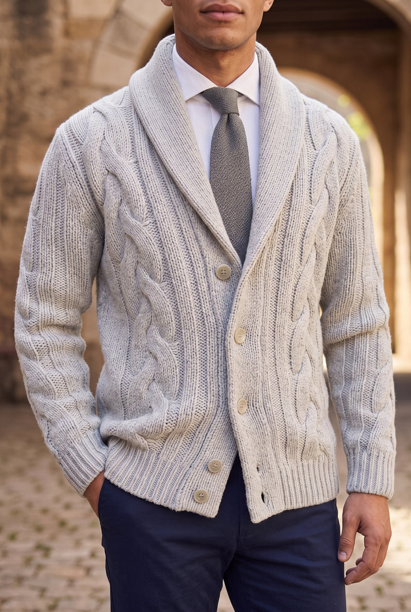 Shawl Collar Cable Knit Cardigan in Light Grey — studio front