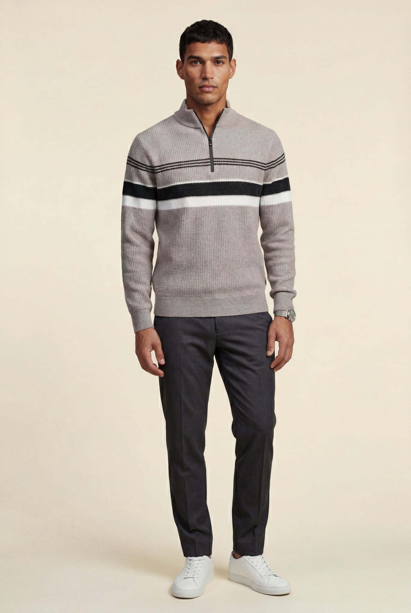 Light Taupe Half Zip Stand Collar Striped Sweater - Half zip sweater - Photo 1