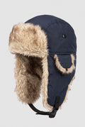 Faux Fur Trapper Hat in Marine Blue — studio front