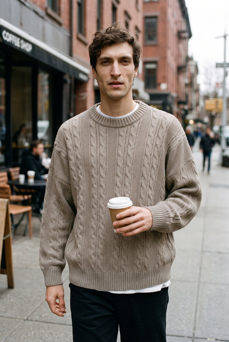 Cable-Knit Crewneck Sweater in Merlot Red — lifestyle