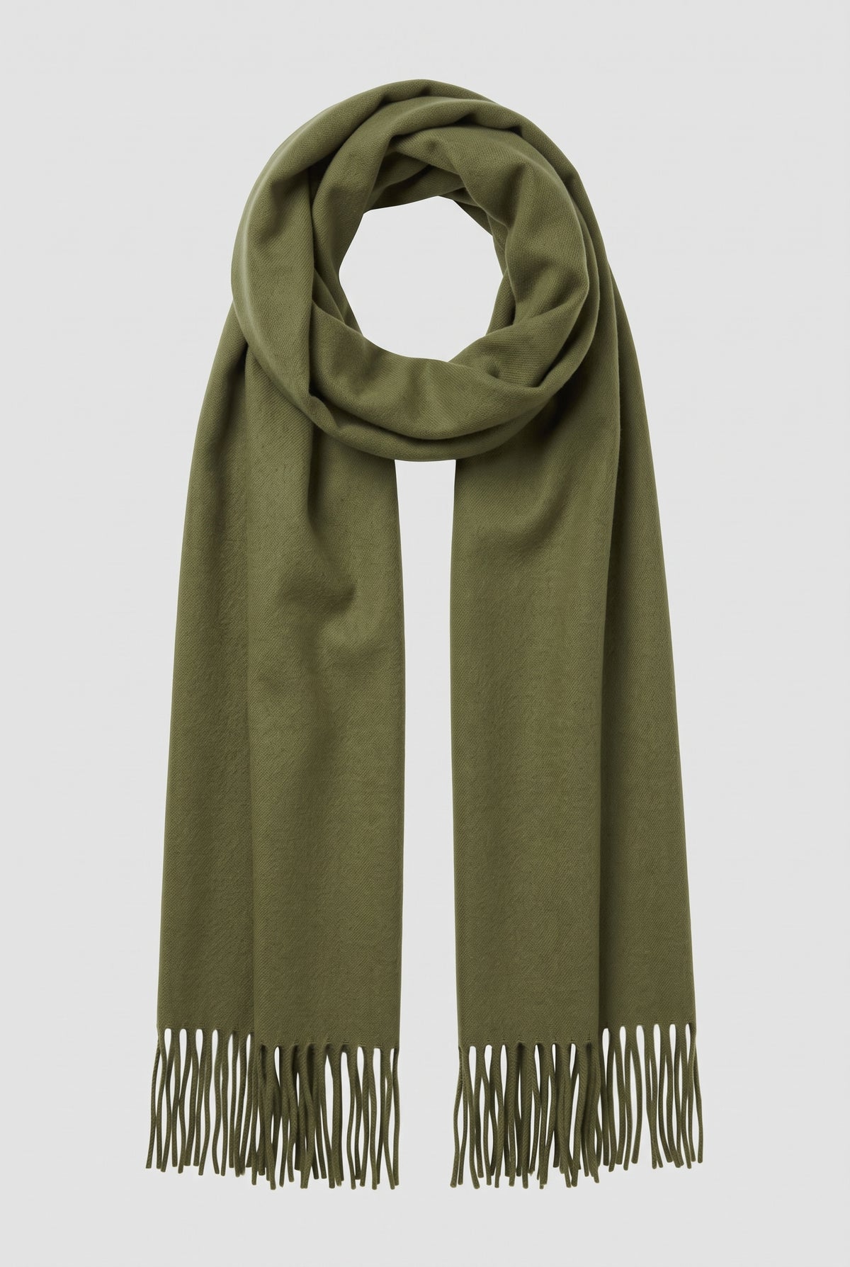 Cashmere Fringed Scarf in Military Green — studio front
