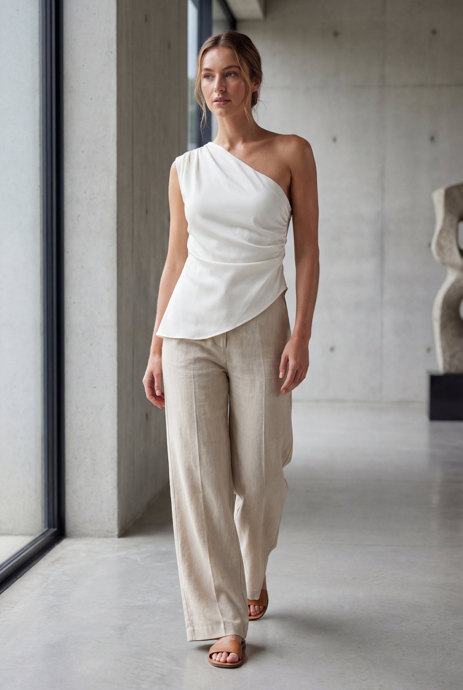 White Asymmetric One Shoulder Draped Top with Flared Hem - One shoulder top - Photo 10