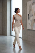 Gray Asymmetric One Shoulder Draped Top with Flared Hem - One shoulder top - Photo 6