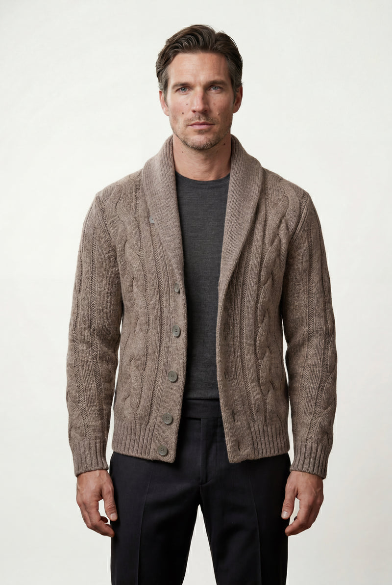 Mocha Men's Chunky Cable Shawl Collar Cardigan - Photo 3
