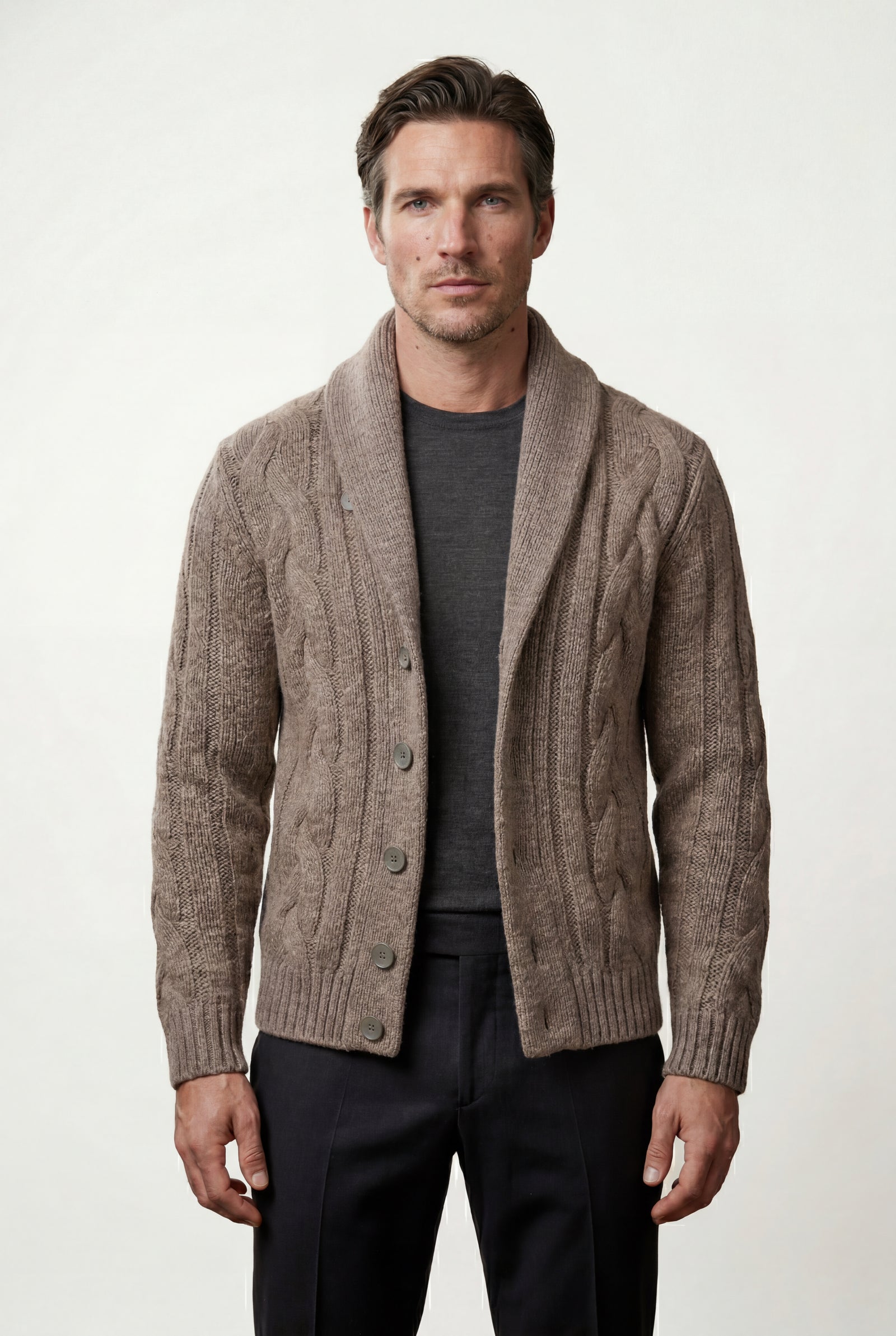 Mocha Men's Chunky Cable Shawl Collar Cardigan - Photo 3