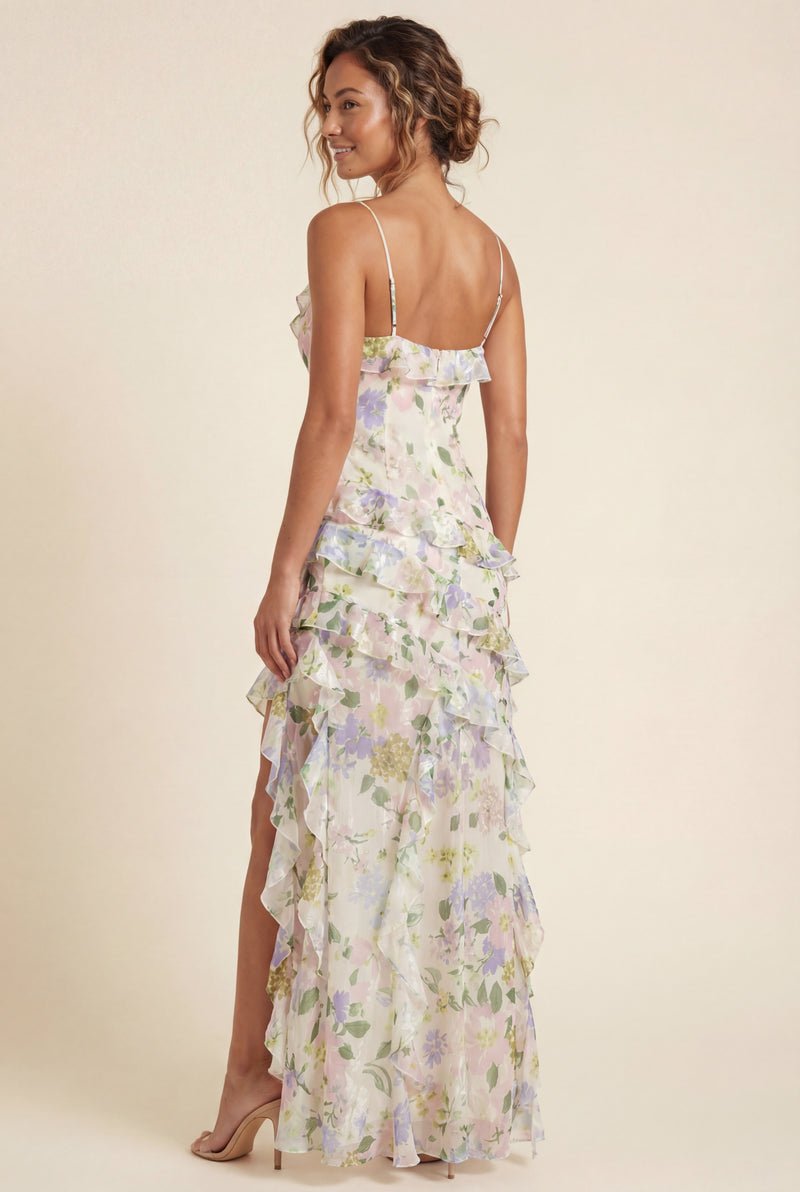 Multicolor Pastel Floral Ruffle Asymmetrical Maxi Dress - Photo 2