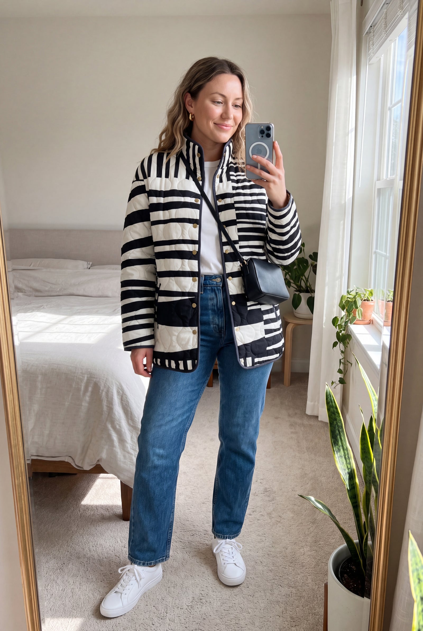 Women's Puffer Jacket Abstract Pattern in Multicolor — ugc mirror selfie