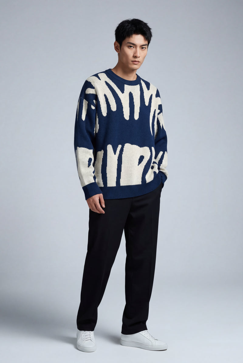 Navy Blue Abstract Intarsia Relaxed Crew Neck Jumper - Knitted jumper - Photo 2
