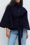 Belted High-Neck Cape Coat in Navy Blue — front view