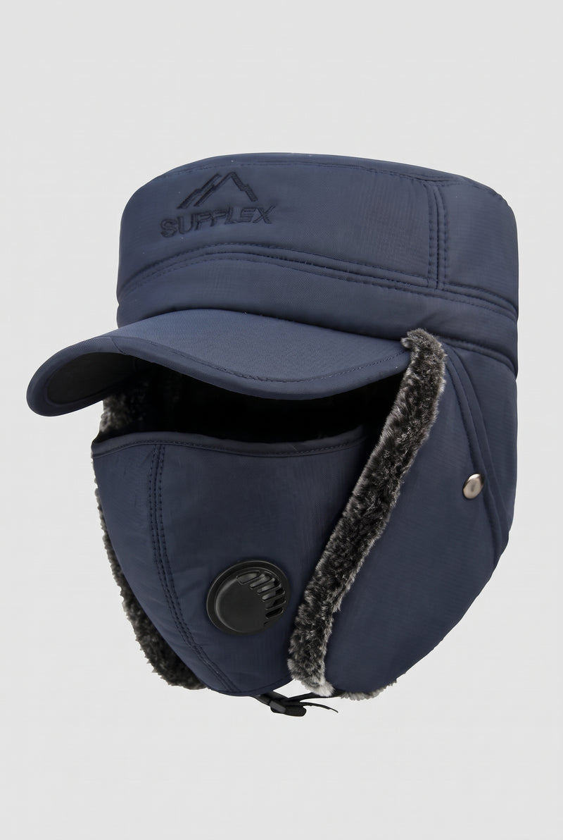 Bomber Hat with Earflaps in Navy Blue — studio front