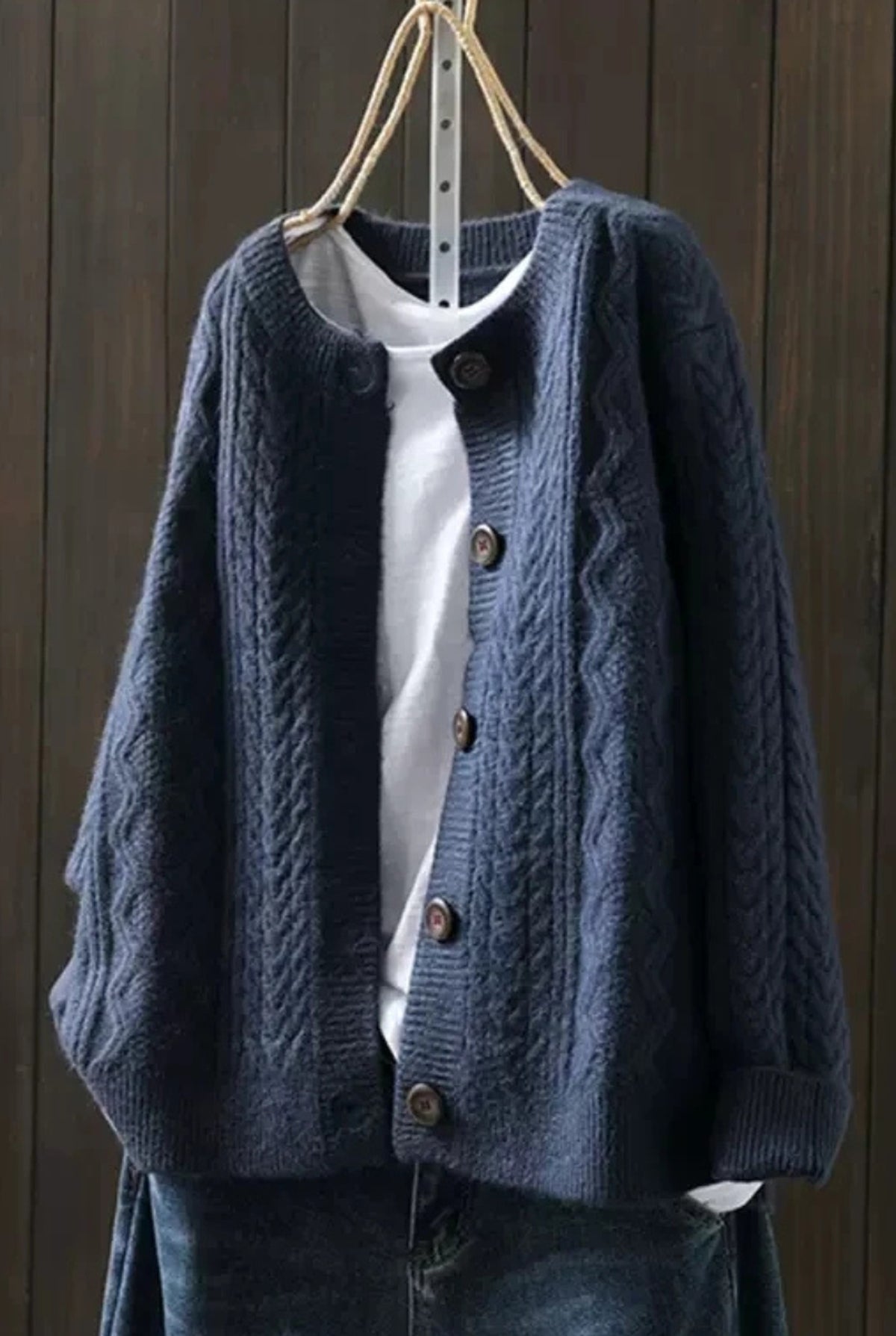 Cable-Knit Button Cardigan in Navy Blue — front view