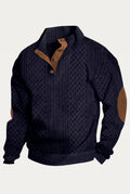 Cable Knit Quarter-Button Sweater in Navy Blue — studio front