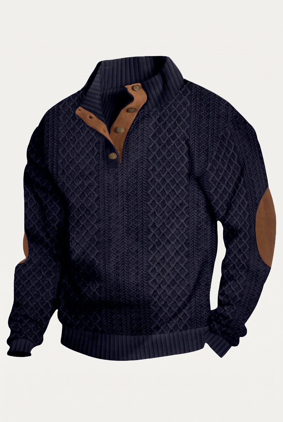 Cable Knit Quarter-Button Sweater in Navy Blue — studio front