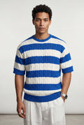 Navy Blue Cable Striped Short Sleeve Crewneck Sweater - Short sleeve t-shirts - Photo 1