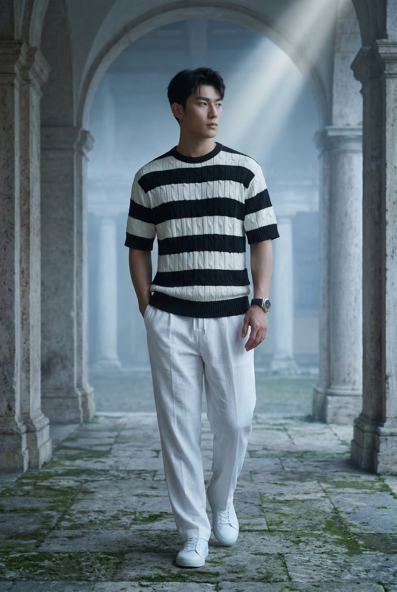 Black Cable Striped Short Sleeve Crewneck Sweater - Short sleeve t-shirts - Photo 4