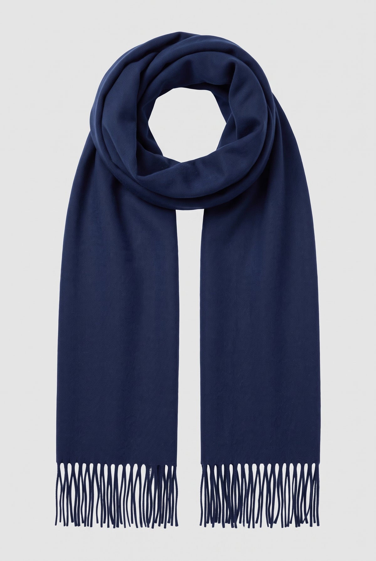 Cashmere Fringed Scarf in Navy Blue — studio front
