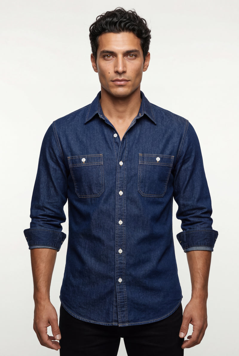 Navy Blue Classic Button-up Shirt with Chest Flap Pockets - Denim shirt - Photo 2