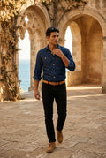 Navy Blue Classic Button-up Shirt with Chest Flap Pockets - Denim shirt - Photo 4