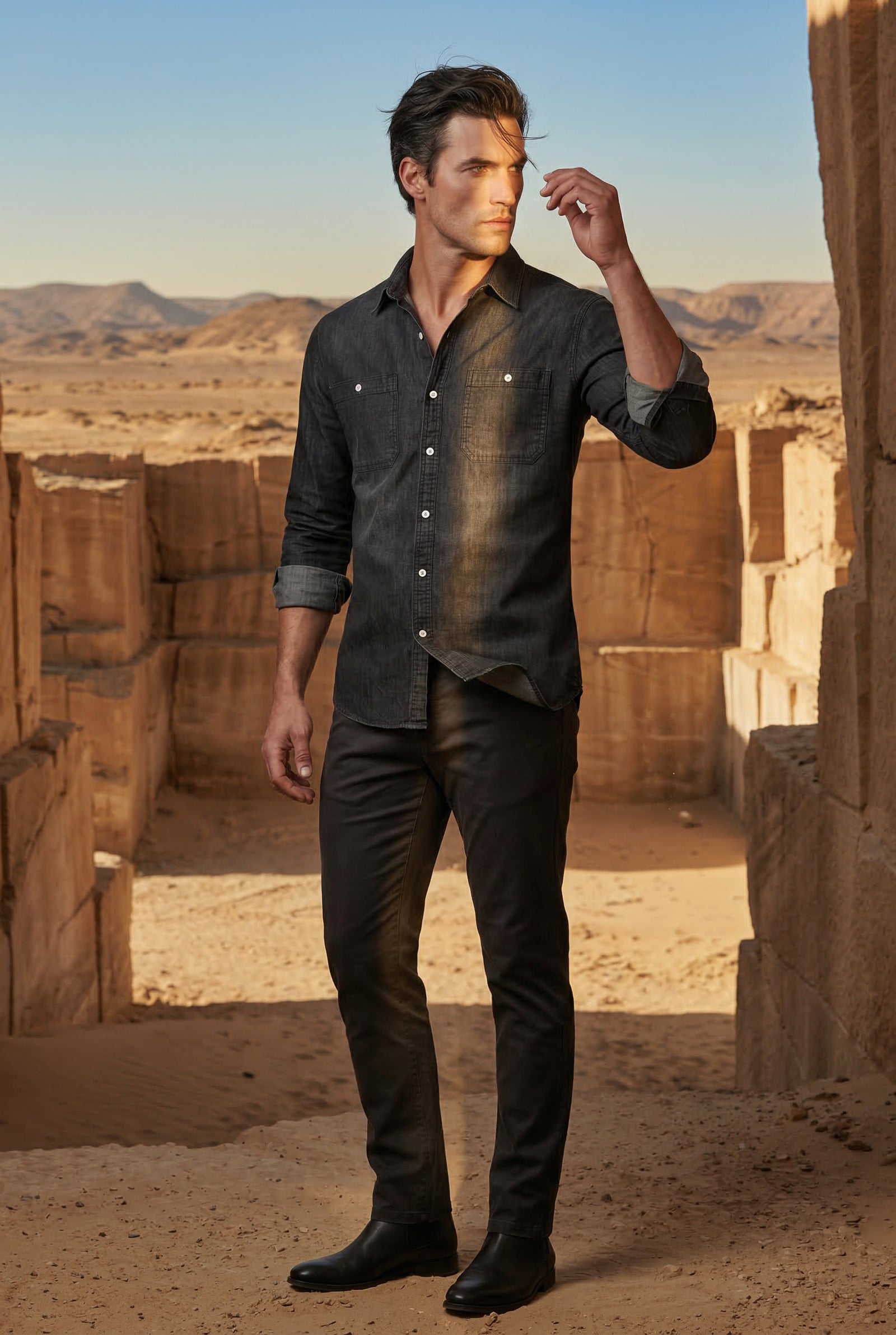 Black Classic Button-up Shirt with Chest Flap Pockets - Denim shirt - Photo 6