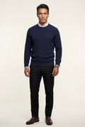 Navy Blue Classic Crew Neck Pullover Sweater with Ribbed Trim - Round neck sweater - Photo 1