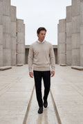 Beige Classic Crew Neck Pullover Sweater with Ribbed Trim - Round neck sweater - Photo 11