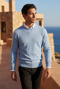 Light Blue Classic Crew Neck Pullover Sweater with Ribbed Trim - Round neck sweater - Photo 15