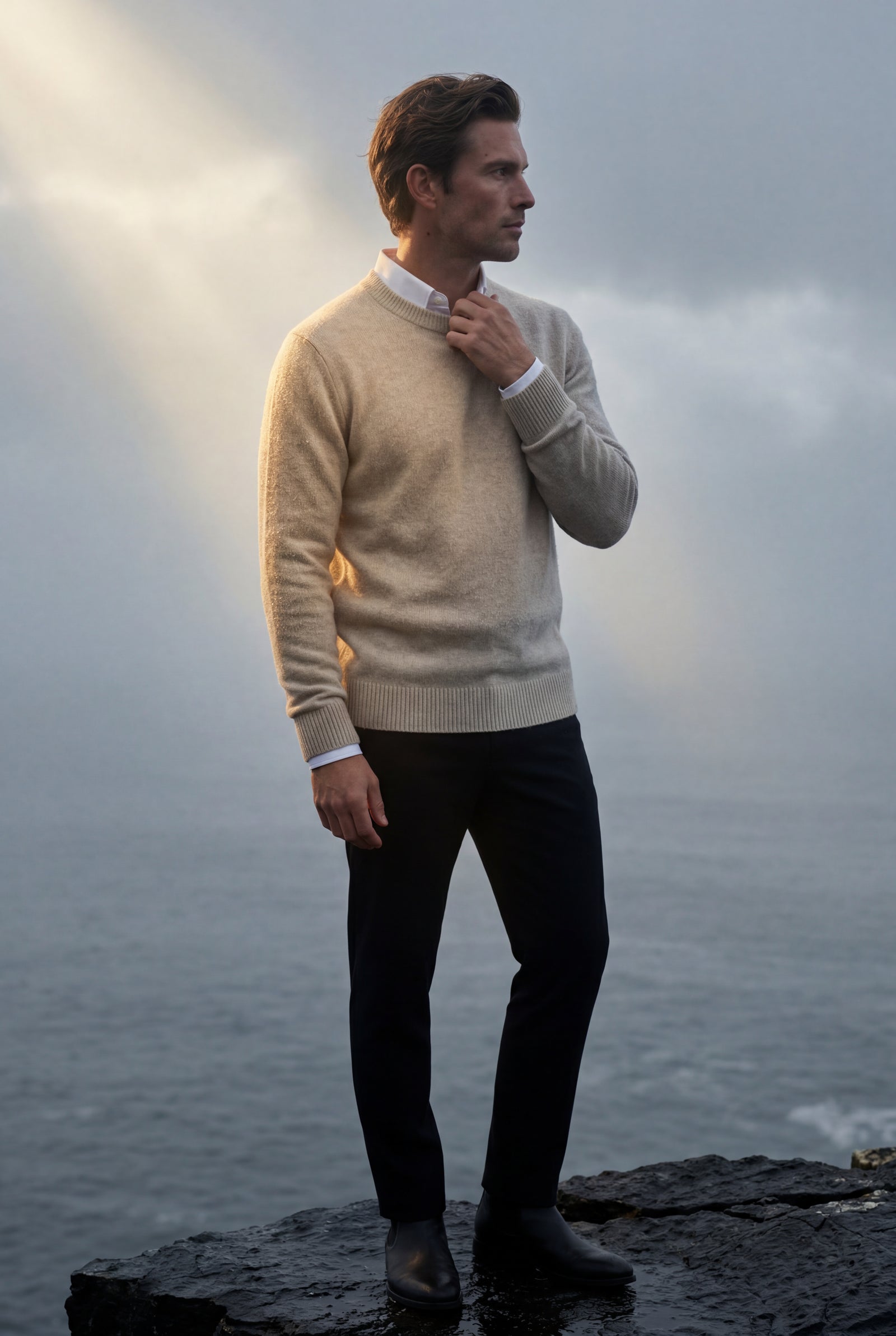 Beige Classic Crew Neck Pullover Sweater with Ribbed Trim - Round neck sweater - Photo 18