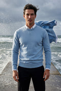 Light Blue Classic Crew Neck Pullover Sweater with Ribbed Trim - Round neck sweater - Photo 19