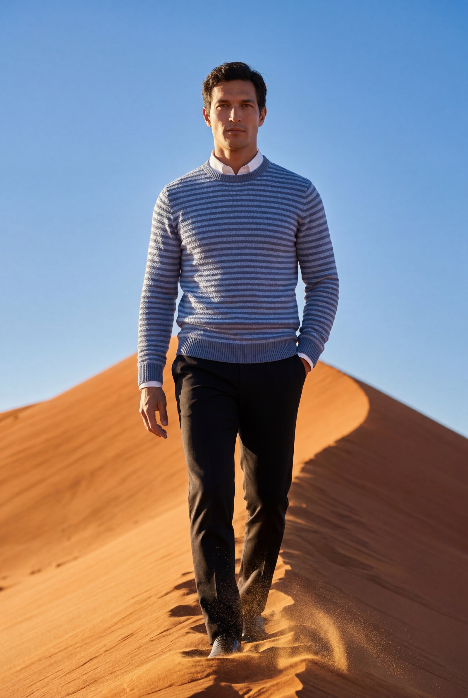 Light Blue Classic Crew Neck Pullover Sweater with Ribbed Trim - Round neck sweater - Photo 21