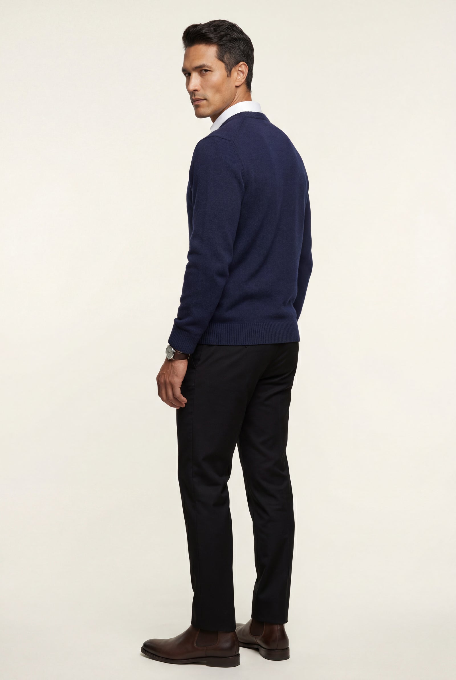 Navy Blue Classic Crew Neck Pullover Sweater with Ribbed Trim - Round neck sweater - Photo 4
