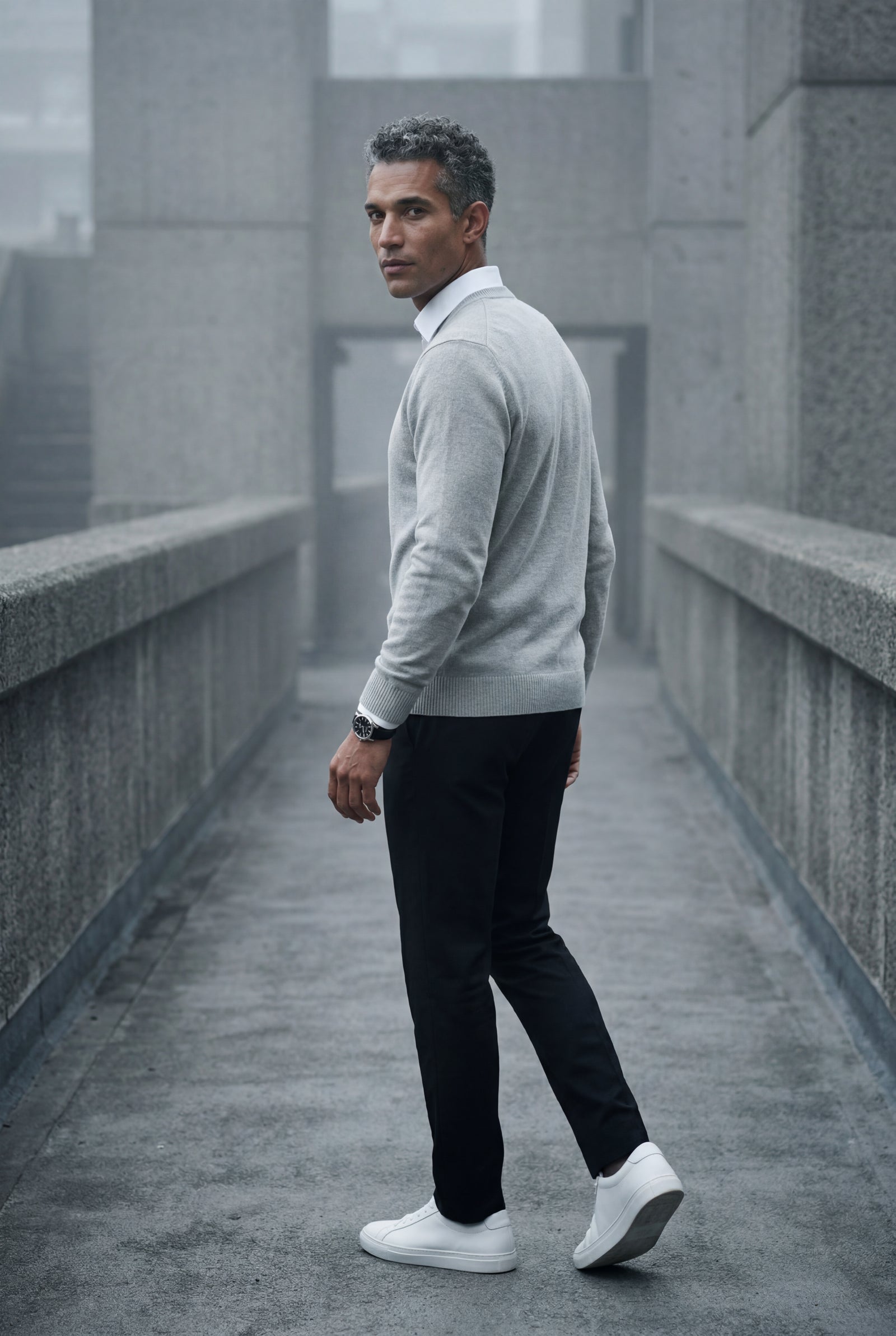 Gray Classic Crew Neck Pullover Sweater with Ribbed Trim - Round neck sweater - Photo 8