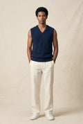 Navy Blue Classic V-neck Sweater Vest with Ribbed Hem - Vests - Photo 5