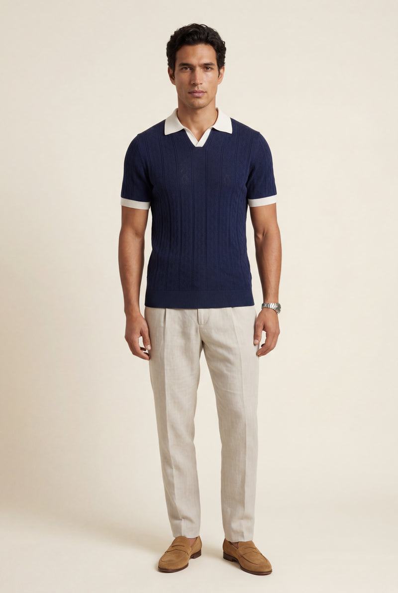 Navy Blue Contrast Collar Cable Short Sleeve Polo Shirt - Polo shirts - Photo 3