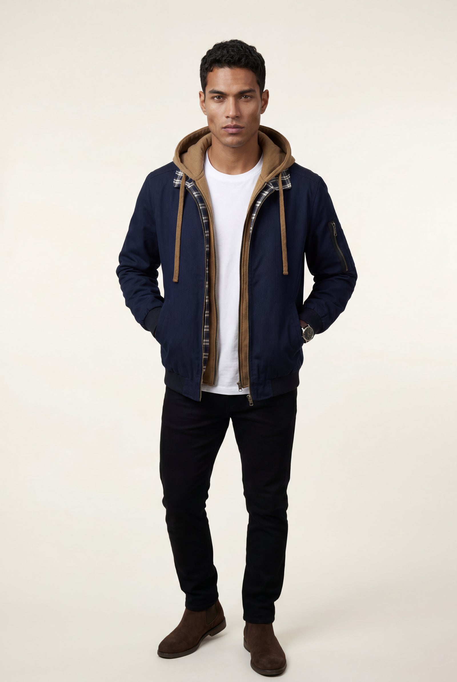 Navy Blue Contrast Lined Hooded Bomber Jacket - Bomber jackets - Photo 3